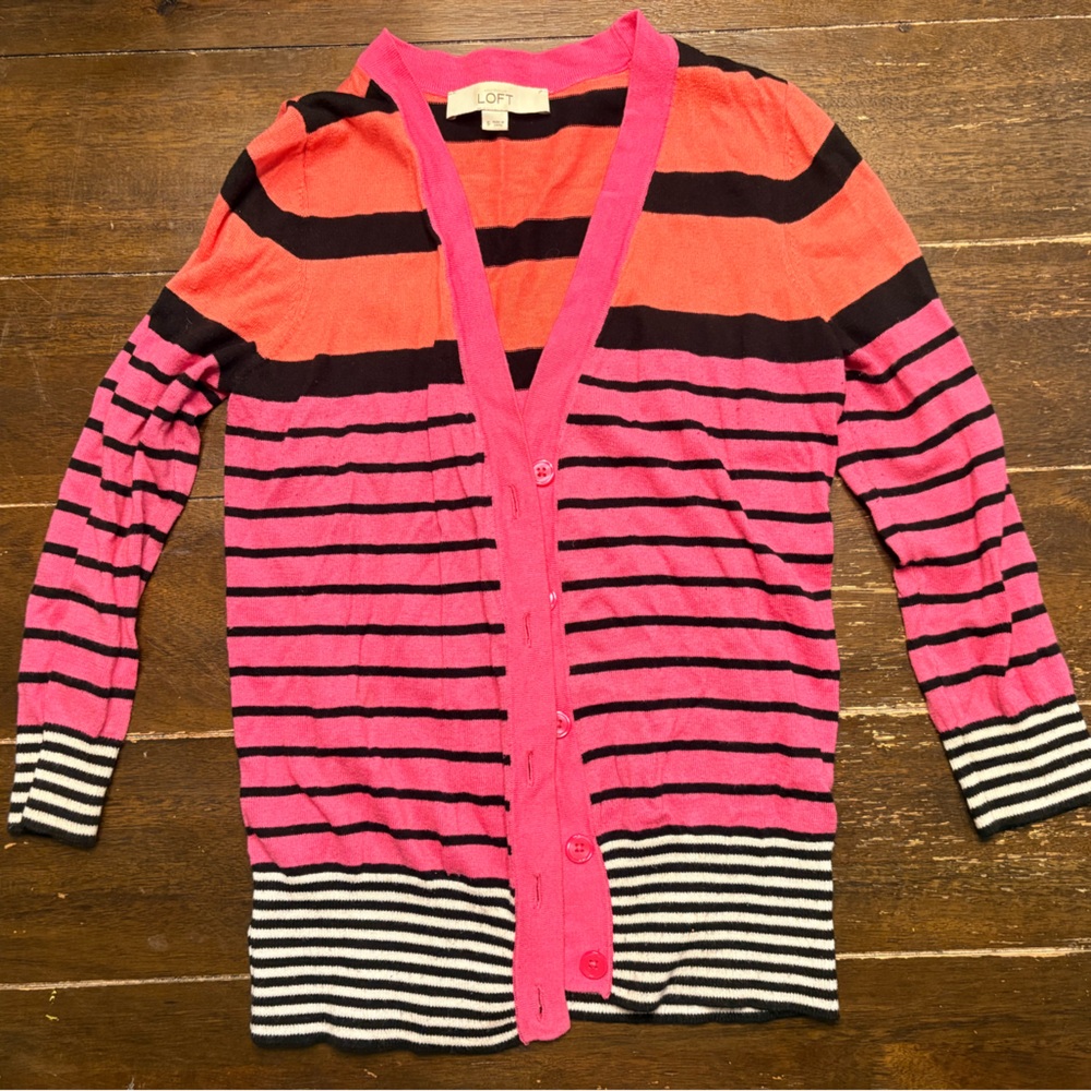 LOFT Pink and Black Striped Sweater Cardigan